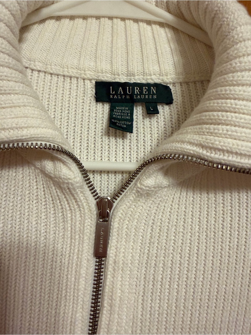 Ralph Lauren Cream Zip-Up Ribbed Collar Cardigan - Picture 2 of 3